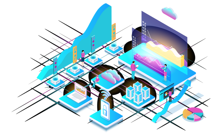 Análise de negócios por tecnologia de computação em nuvem  Ilustração