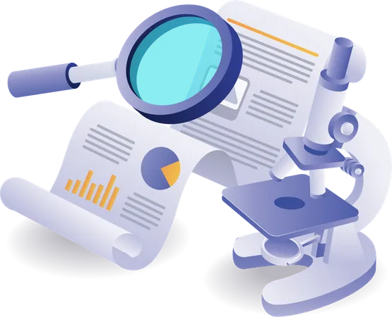 Análisis de datos con un microscopio de laboratorio.  Ilustración