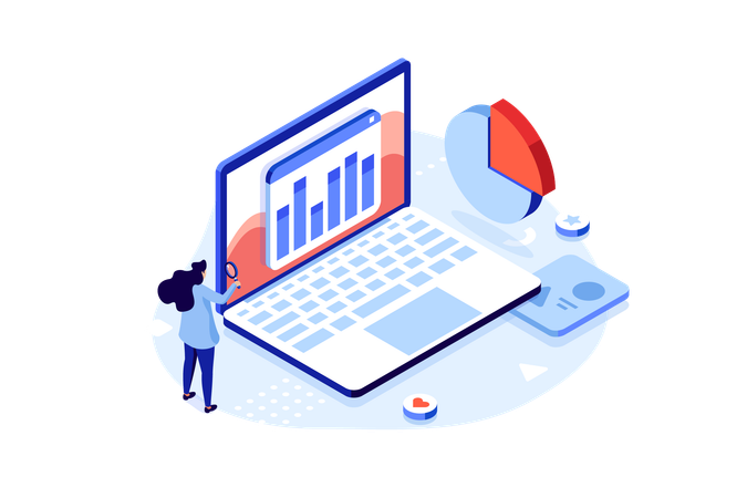 Análisis de datos de aprendizaje de especialistas en marketing en una computadora portátil  Ilustración
