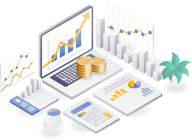 Análisis de datos sobre desarrollo empresarial y ganancias.  Ilustración