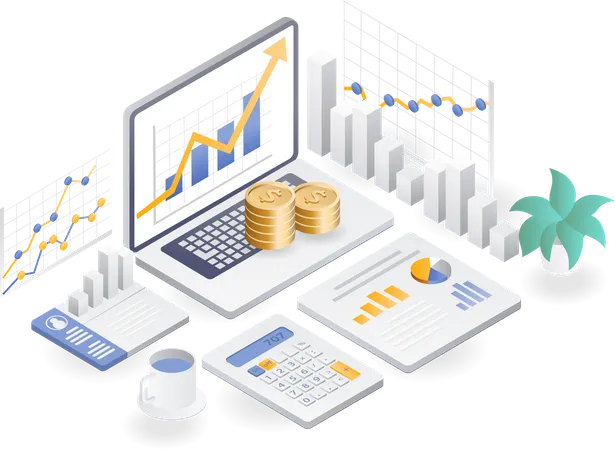 Análisis de datos sobre desarrollo empresarial y ganancias.  Ilustración