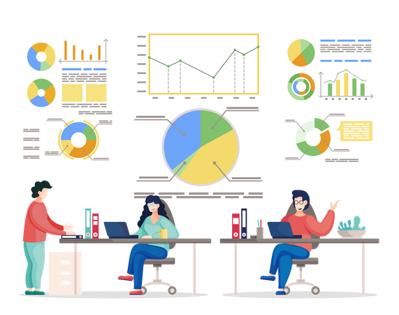 Análisis de datos de gente ocupada en la oficina.  Ilustración