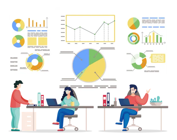 Análisis de datos de gente ocupada en la oficina.  Ilustración