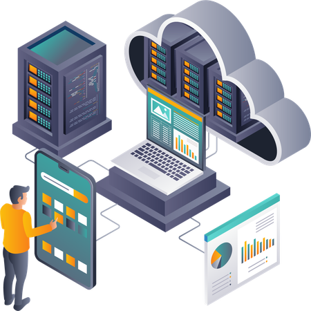 Análisis de datos del servidor en la nube controlado por teléfono inteligente  Ilustración