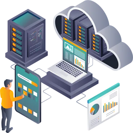 Análisis de datos del servidor en la nube controlado por teléfono inteligente  Ilustración