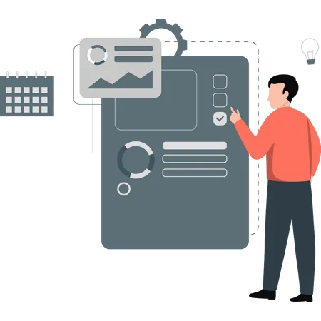 El hombre establece el análisis de datos y la investigación  Ilustración