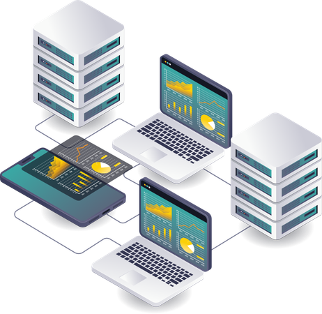 Análisis de datos sobre la tecnología de alojamiento de servidores en la nube.  Ilustración