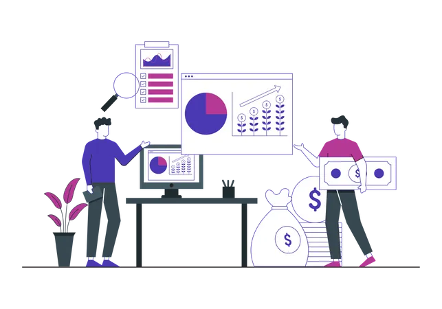 Análisis de datos que hacen predicciones comerciales futuras.  Ilustración