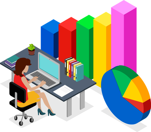 Análisis de datos, mujer con computadora portátil, gráfico empresarial  Ilustración