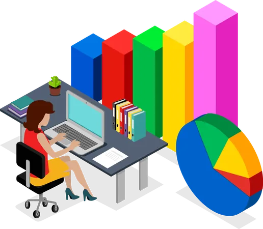 Análisis de datos, mujer con computadora portátil, gráfico empresarial  Ilustración