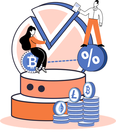 Los empleados trabajan en el análisis del diagrama circular de la empresa  Ilustración