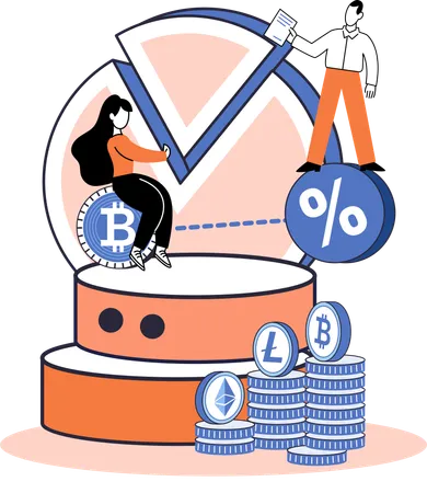 Los empleados trabajan en el análisis del diagrama circular de la empresa  Ilustración