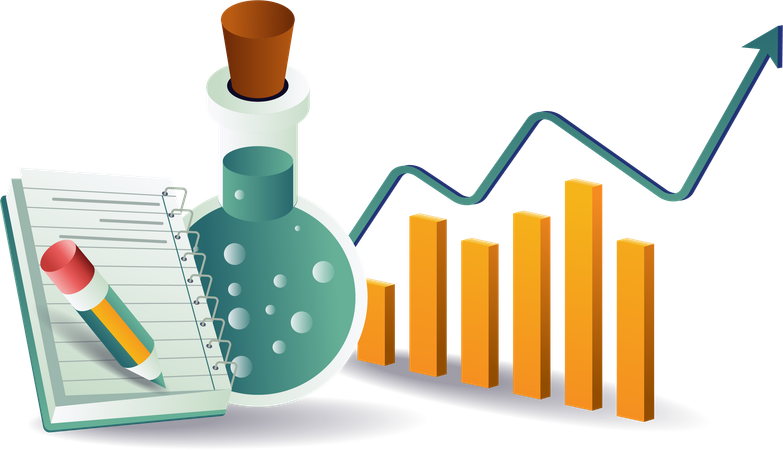 Análisis de experimentos y botellas de laboratorio  Ilustración