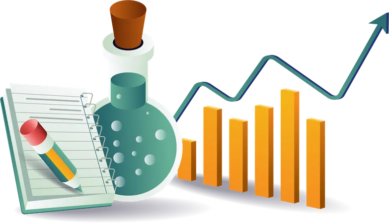 Análisis de experimentos y botellas de laboratorio  Ilustración