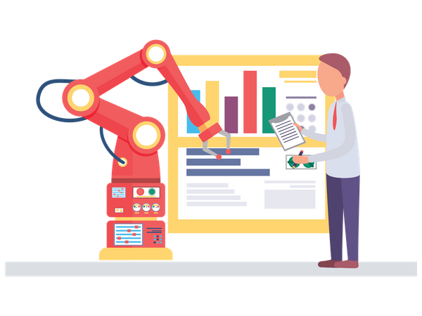 Análisis de negocios con robot  Ilustración