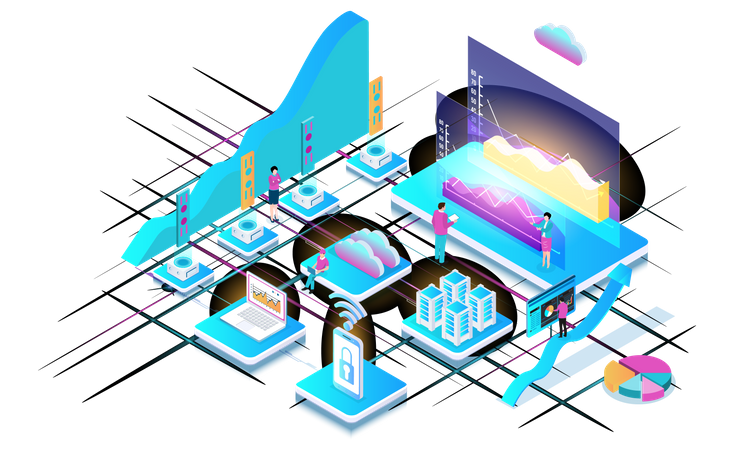 Análisis de negocios mediante tecnología de computación en la nube.  Ilustración