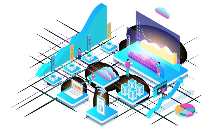 Análisis de negocios mediante tecnología de computación en la nube.  Ilustración