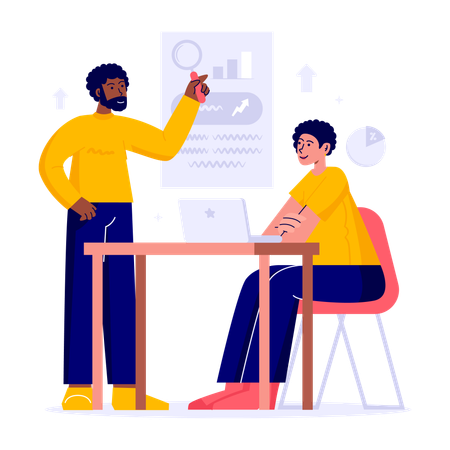 Discusión sobre análisis de negocios entre empleados  Ilustración