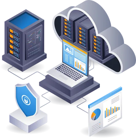 Analista de dados de computador de servidor em nuvem  Ilustração