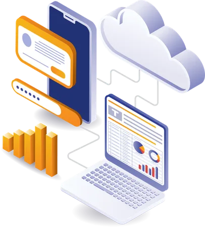 Servidor en la nube de la computadora del analista de datos de teléfonos inteligentes  Illustration