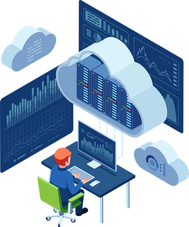 Analista de datos que monitorea datos de computación en la nube  Ilustración