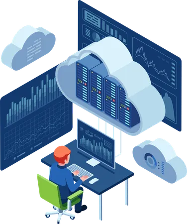 Analista de datos que monitorea datos de computación en la nube  Ilustración