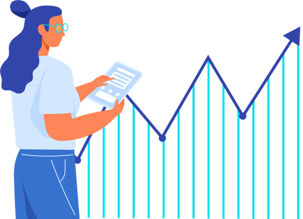 Analista de datos que muestra estadísticas de investigación de análisis.  Ilustración