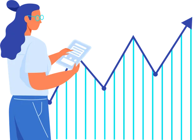 Analista de datos que muestra estadísticas de investigación de análisis.  Ilustración