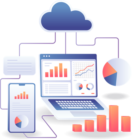 Red de servidores en la nube de analistas de datos  Ilustración