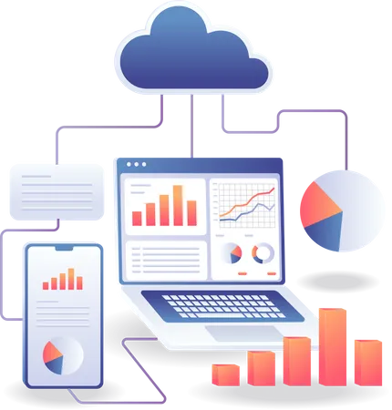 Red de servidores en la nube de analistas de datos  Ilustración