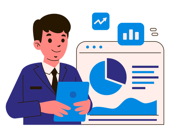 Analista de negocios analizando gráficos financieros en tableta  Ilustración