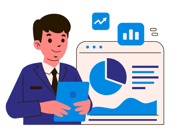 Analista de negocios analizando gráficos financieros en tableta  Ilustración