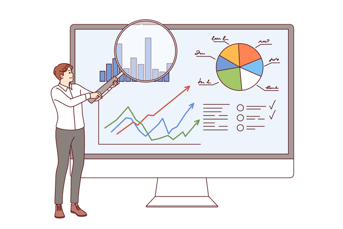 Un analista de negocios muestra gráficos en el sistema CRM cerca de un monitor de computadora grande.  Ilustración