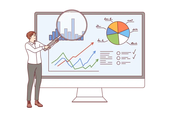 Un analista de negocios muestra gráficos en el sistema CRM y se encuentra de pie frente a un monitor de computadora grande  Ilustración