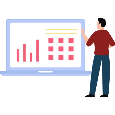 Analista de negócios olhando para gráfico de negócios no laptop  Ilustração