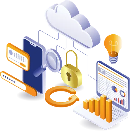 Tecnología de servidor en la nube para analistas de redes de computadoras y teléfonos inteligentes  Ilustración