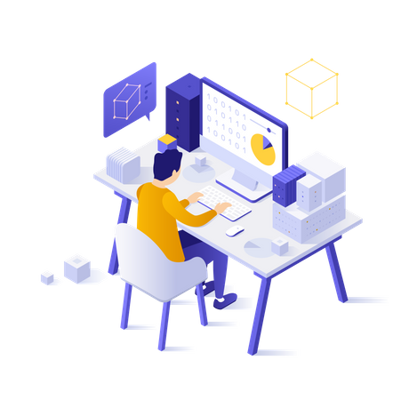 Analista trabalhando no computador com diagrama ou gráfico na tela  Ilustração