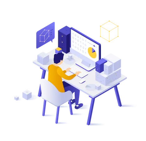 Analista trabalhando no computador com diagrama ou gráfico na tela  Ilustração