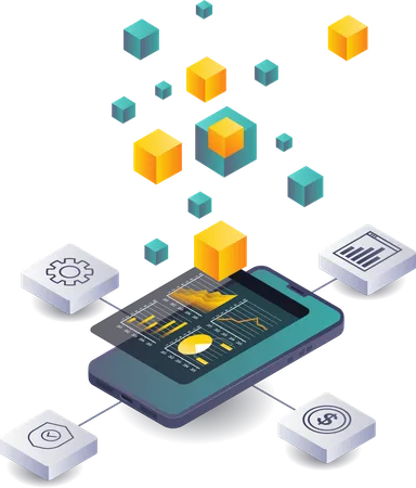 Analistas de dados analisando dados de negócios na tecnologia blockchain  Ilustração