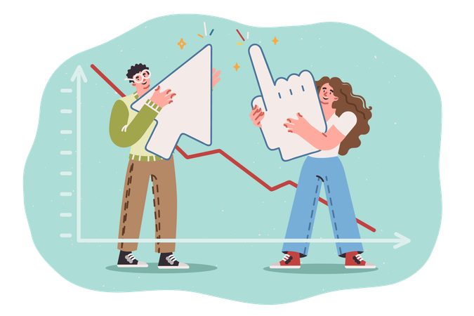 Analistas de marketing masculinos y femeninos se encuentran cerca de un gráfico que analiza el número de clics de anuncios contextuales  Ilustración