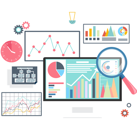 Analyse der Börsenkurse auf Monitoren  Illustration