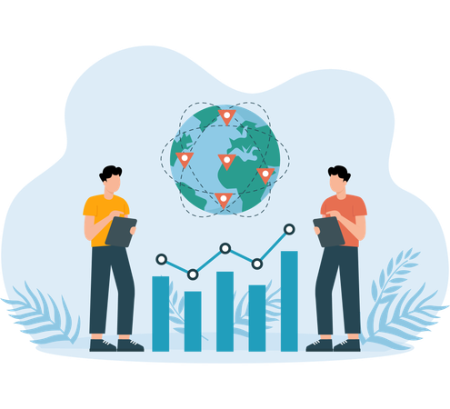 Analyse commerciale mondiale réalisée par un employé  Illustration