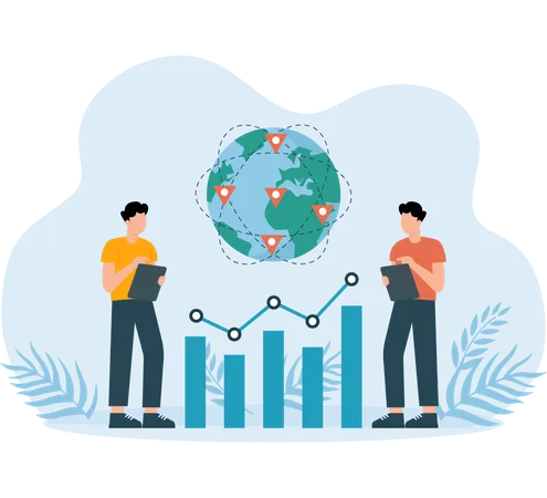 Analyse commerciale mondiale réalisée par un employé  Illustration