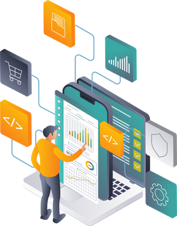 Homme effectuant une analyse de données réseau dans les applications pour smartphones et la technologie informatique  Illustration