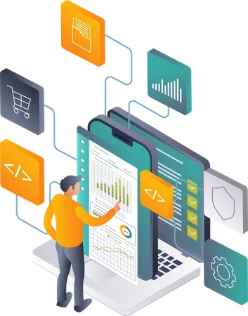 Homme effectuant une analyse de données réseau dans les applications pour smartphones et la technologie informatique  Illustration