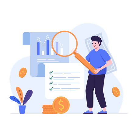 Analyse de recherche fiscale d'audit d'homme sur le rapport financier  Illustration