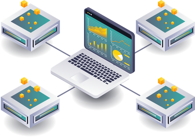 Réseau analysant le développement de données commerciales dans la technologie blockchain  Illustration