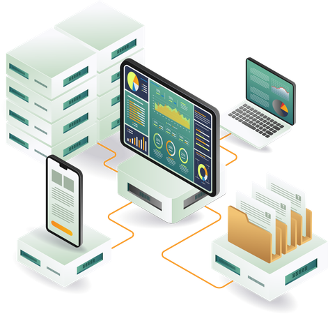 Analyse des données du serveur avec divers appareils  Illustration