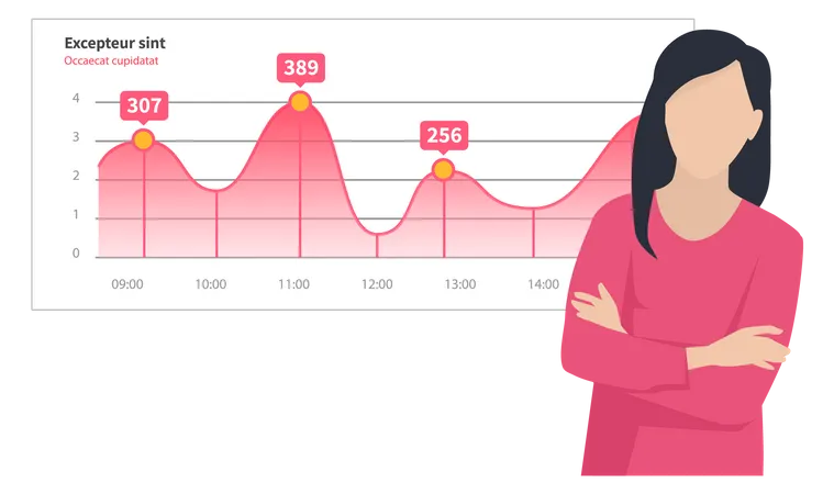 Une femme analyse les indicateurs statistiques et les données sur le diagramme  Illustration