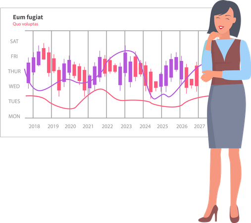 Une femme analyse un rapport numérique avec un graphique de développement  Illustration